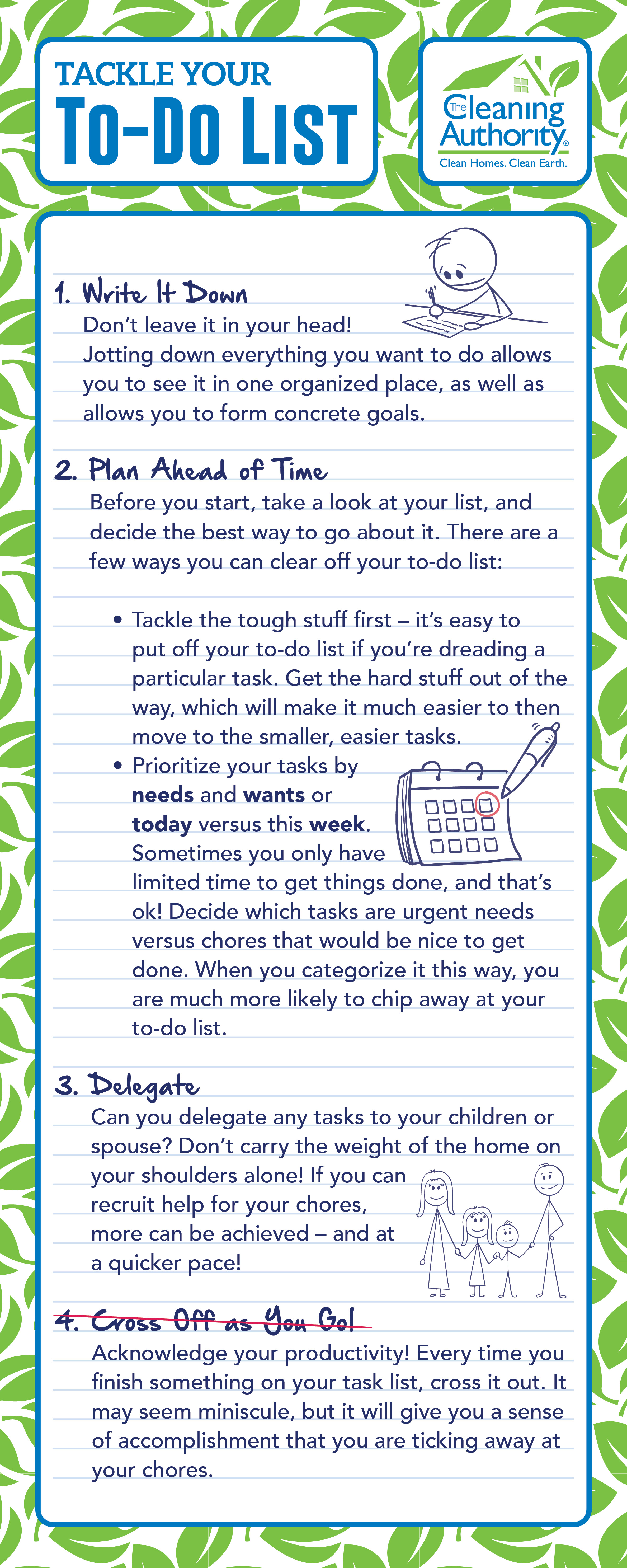 Infographic styled as a notepad with tips on tackling to-do lists, such as planning and delegating. 